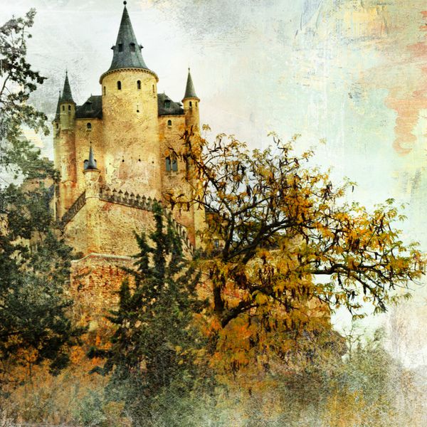 قلعه قرون وسطی دژ سگوبیا اسپانیا و تصویر در سبک های نقاشی