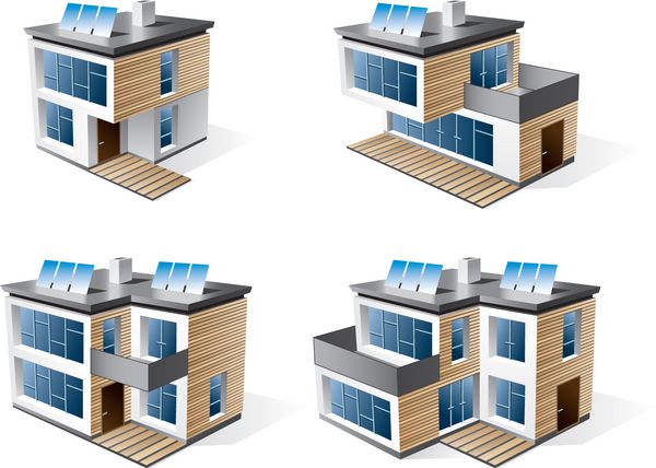 3d وکتور آیکون از چهار خانه خانواده مدرن با نمای چوب قهوه ای جدا شده ساختمان های مسکونی در دیدگاه با آبی های خورشیدی بر روی سقف مسکن زندگی سازگار با محیط زیست