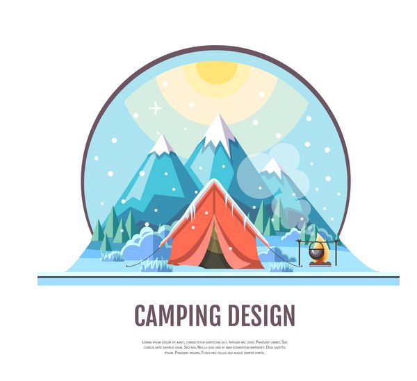 طراحی مسطح از منظره کوه های زمستانی و چادر کمپینگ