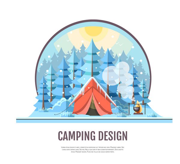 طراحی مسطح منظره جنگلی زمستانی و چادر کمپینگ