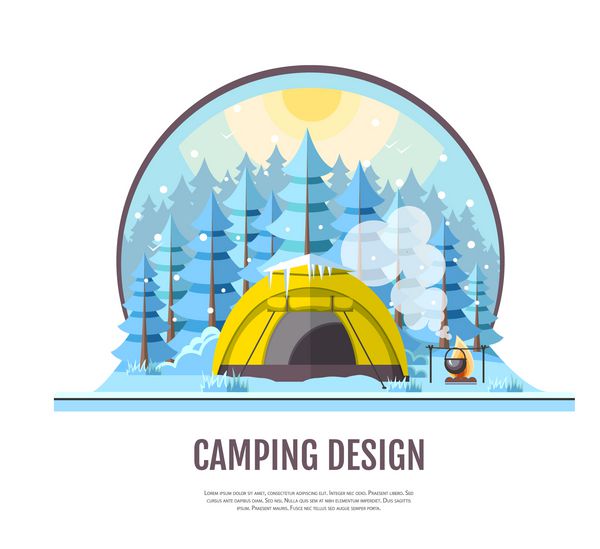 طراحی مسطح منظره جنگلی زمستانی و چادر کمپینگ
