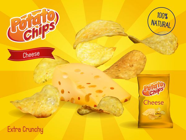 قالب طراحی وکتور برای تبلیغات چیپس بسته با محل برای طراحی چیپس پنیر در زمینه روشن تصویر سه بعدی