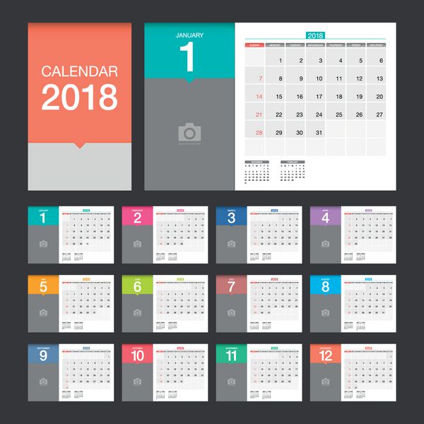 تقویم 2018 الگوی طراحی مدرن تقویم رومیزی با مکانی برای عکس هفته از یکشنبه شروع می شود وکتور