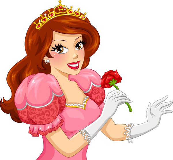 شاهزاده خانم زیبا با موهای قهوه ای که یک گل رز قرمز در دست دارد
