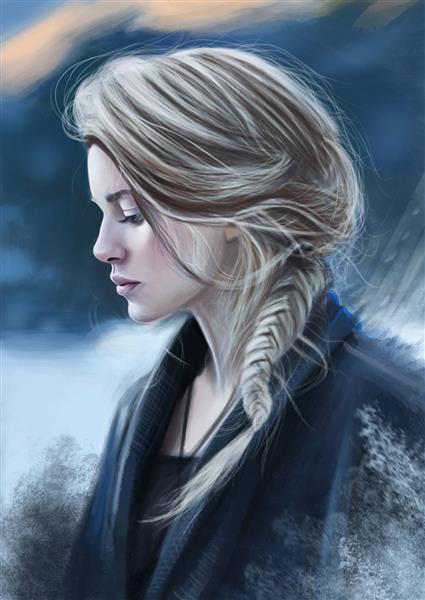 نقاشی زیبا از دختر مو بلند و طوفان