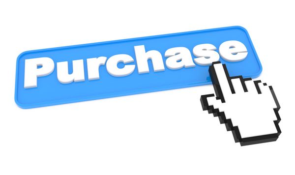 دکمه آبی برای خرید با نشانگر دست در سفید فروشگاه آنلاین
