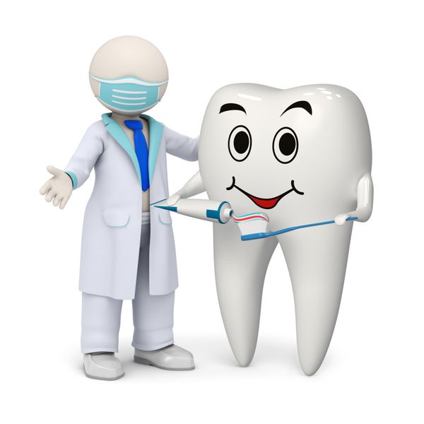 رندر 3 بعدی عکس واقعی از یک دندانپزشک 3d و یک دندان خندان دندان خردل و مسواک در دستانش