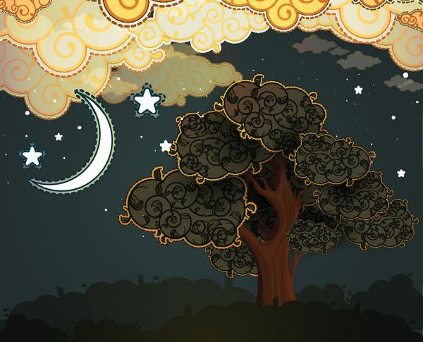 ابرهای کارتونی ماه و درخت