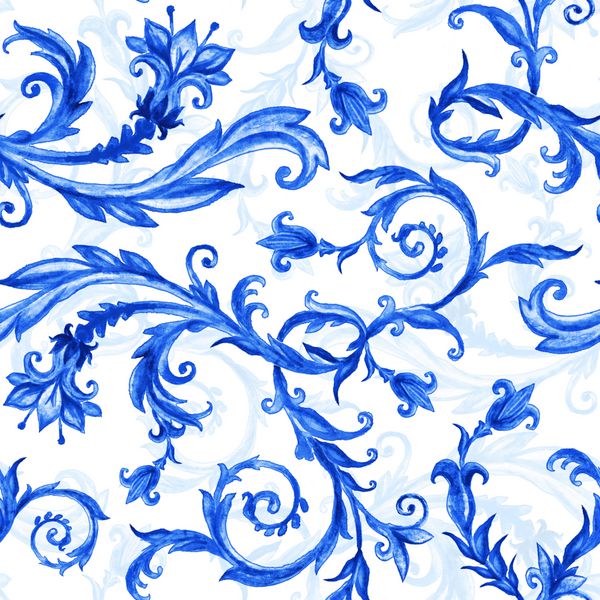 الگوی گل بدون درز آبی بر روی سفید آبرنگ تزئین نقاشی