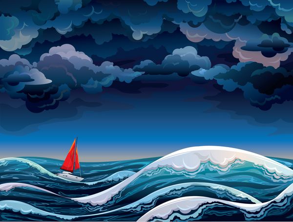 منظره دریا شب با قایق بادبانی قرمز و آسمان طوفانی