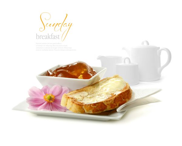 Montage image of fresh white toast breakfast marmalade and tea service against a white background Perfect for your hotel brochure breakfast menu or Mother