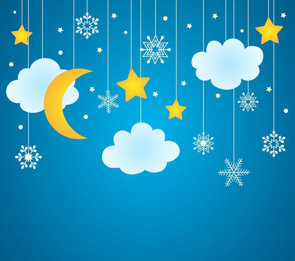 پس زمینه آبی با ابرهای آویزان ماه ستاره ها و برف کارت کریسمس