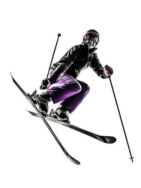 یکی از freestyler اسکی باز زن قفقازی پریدن در silhouette در پس زمینه سفید