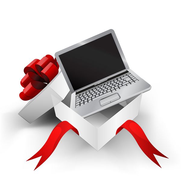 قرمز جعبه بسته بندی شده با لپ تاپ باز در داخل تصویر برداری