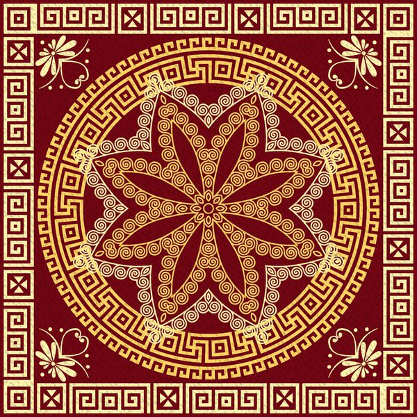 بردار مجموعه مربع طلایی سنتی و گرد تزئینی یونانی Meander و الگوی گل در یک پس زمینه قرمز