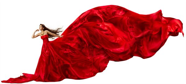 زن در لباس قرمز با پارچه پرواز پارچه ابریشم تکان دادن و لرزش در باد جدا از پس زمینه سفید