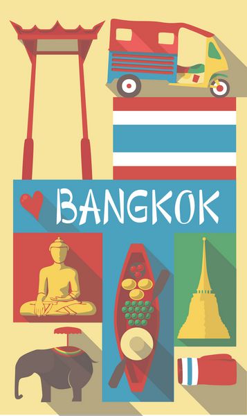 آیکون های فرهنگ تایلندی در پوستر سفر نمادهای شهر برای کارت پستال کارتن پوستر
