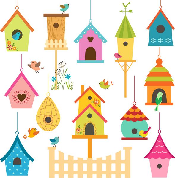 مجموعه ای از خانه های پرنده رنگارنگ