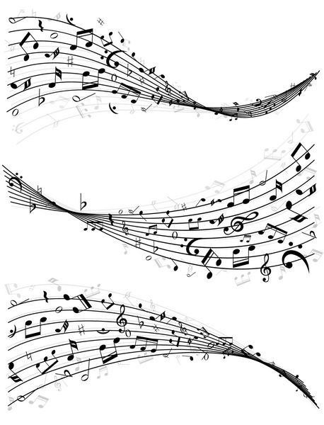 مجموعه ای از سه خط مختلف موجهای مختلف و یا پشته از یادداشت های موسیقی پراکنده تصادفی در تصویر برداری بردار سیاه و سفید