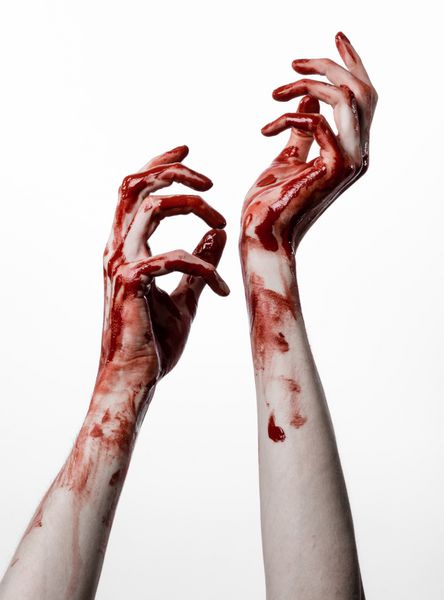 دست خونین بر روی زمینه سفید زامبی دیو دیوانه وار جدا شده است