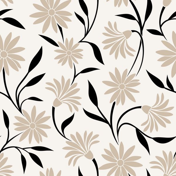 الگوی بدون درز یکپارچه با گل های بژ و برگ های سیاه و سفید در پس زمینه بژ