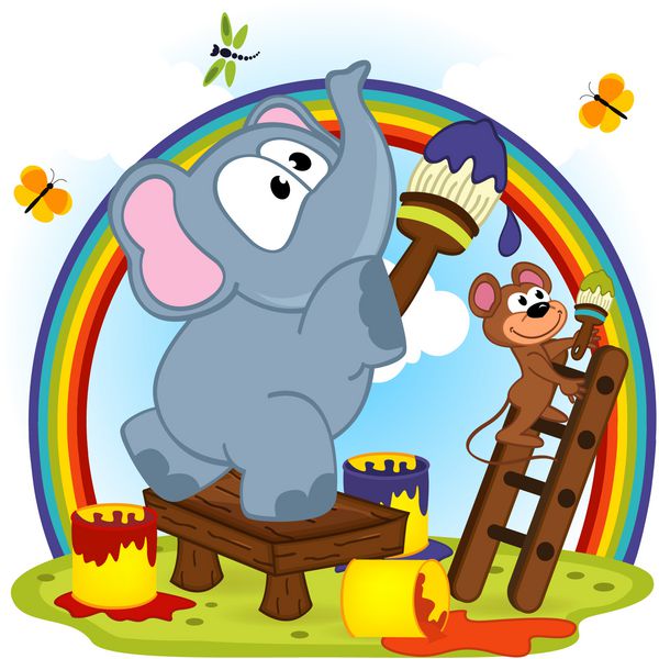 فیل و ماوس رنگین کمان قرعه کشی تصویر برداری EPS