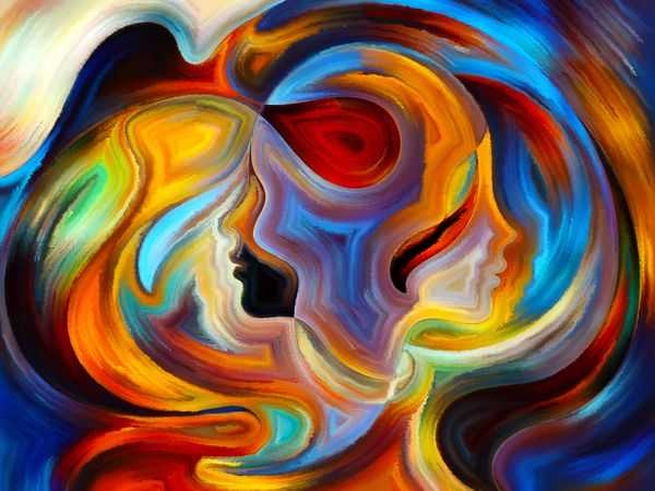 رنگ های سری ذهن ترتیب عناصر چهره انسان و شکل انتزاعی رنگی در مورد ذهن ذهن فکر احساسات و معنویت