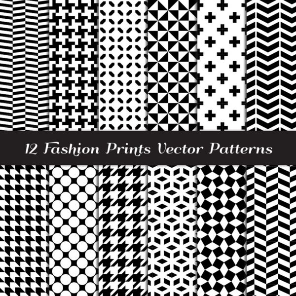 الگوهای مد سیاه و سفید چاپ می کند Houndstooth Herringbone مثلث صلیب Lattice Polka Dot و Shevron زمینه های هندسی تصویر برداری شامل الگوهای Swatches ساخته شده با رنگ های جهانی است