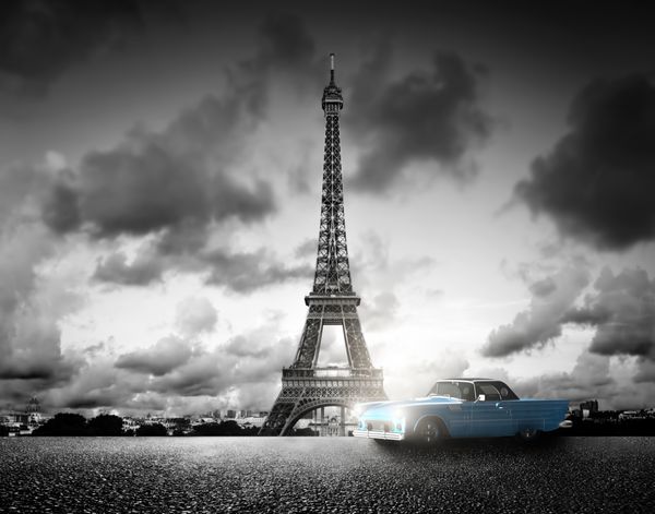 تصویر هنری برج Effel پاریس فرانسه و ماشین عقب خودرو سیاه و سفید پرنعمت