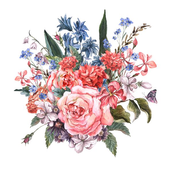 Bouquet گلدار با گل رز سنبل پروانه و گل های وحشی در سبک پرنعمت کارت پستال های تبریک سال نو آبرنگ