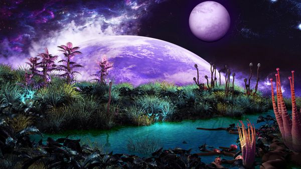 مناظر Scifi با رودخانه آبی گیاهان بیگانه سیاره و ماه