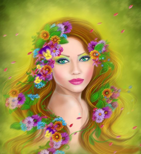 بهار تابستان زن زیبایی فانتزی در گل در مدل موهای