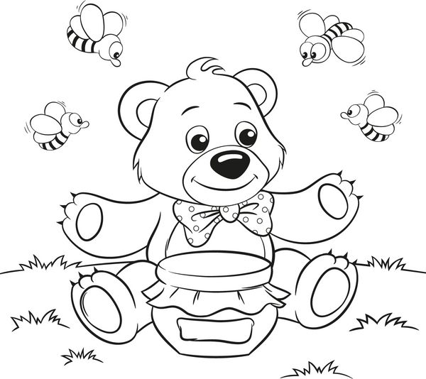 تصویر برداری از خرس کارتون ناز با عسل و زنبور عسل برای رنگ آمیزی کتاب