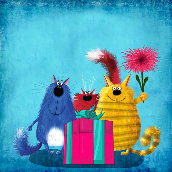 سه گربه خنده دار بسیار دوستانه با گل ایستاده در پشت یک جعبه بزرگ بزرگ در پس زمینه آبی زیبا