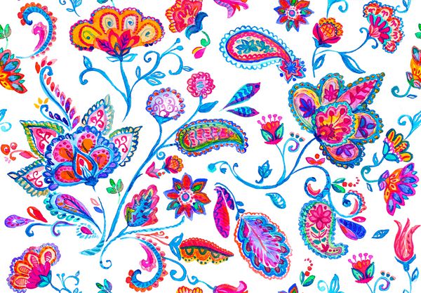Hand drawn flower seamless pattern (tiling). Colorful seamless pattern with flowers, paisley and leaves. Isolated objects on a white 
background. Doodle style. Perfect for textile, cover design.
