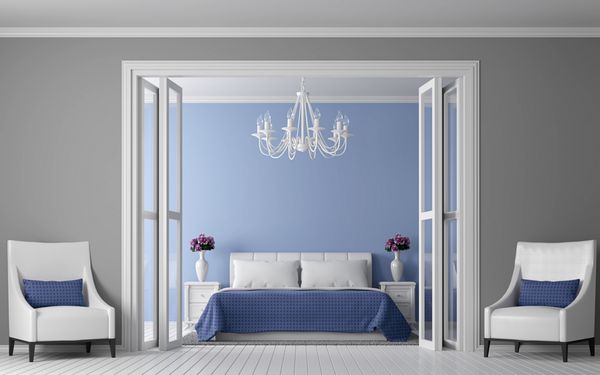 مدرن اتاق خواب مدرن داخلی 3d رندر تصویر نمایش از جلوی اتاق دیوار چوب سفید است دیوار رنگی با آبی و خاکستری مبلمان سفید پارچه آبی و لوستر سفید وجود دارد