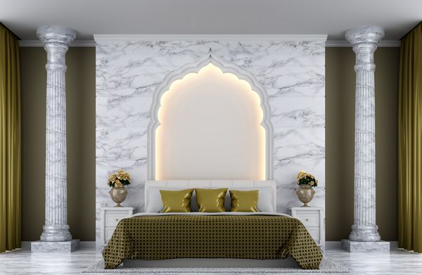 لوکس اتاق خواب 3D رندر ImageThere تزئین شده با قوس هند سبک سنگ مرمر سفید و رنگ طلایی