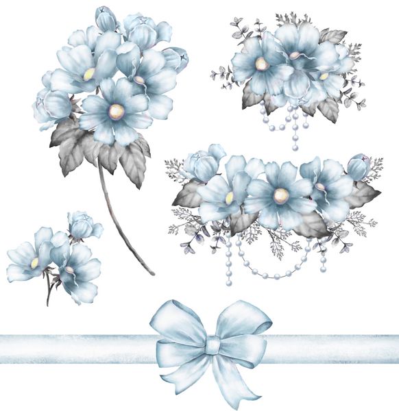 مجموعه عناصر آبرنگ گلدار مجموعه عروسی شاخه جواهرات تعظیم برگ تصویر جدا شده بر روی زمینه سفید گیاهان جوانه و برگ