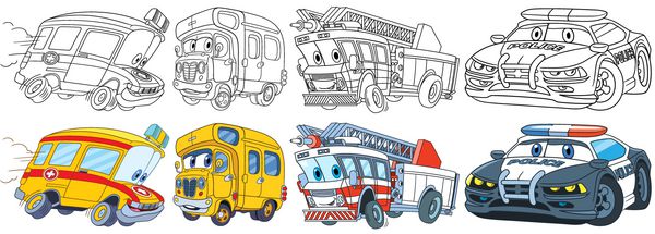 مجموعه حمل و نقل کارتونی مجموعه وسایل نقلیه آمبولانس اتوبوس مدرسه کامیون آتش نشانی ماشین پلیس صفحات کتاب رنگ آمیزی برای بچه ها