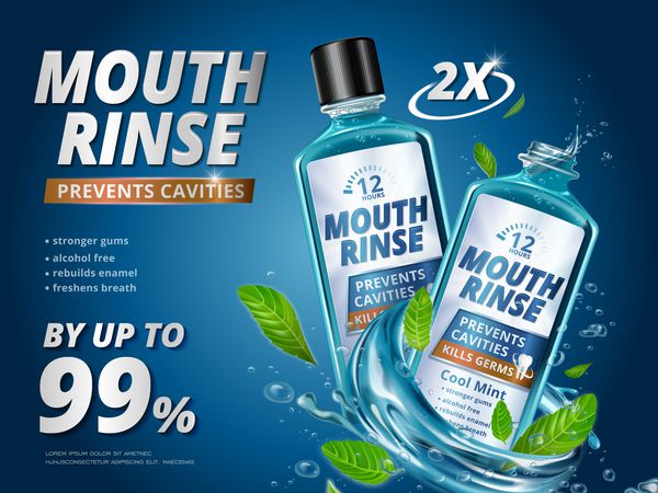 تبلیغات دهان شستشو محصولات تازه دهانشویه با برگ های قاشق و مایع اشباع شده در تصویر 3d پس زمینه آبی