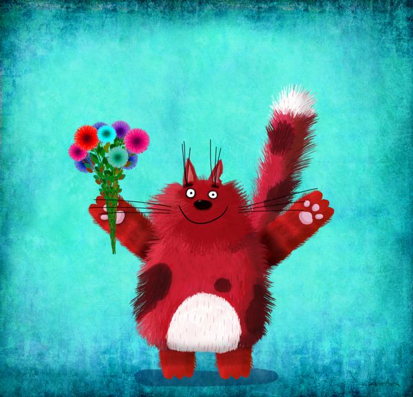یک کارت تبریک شگفت انگیز یک گربه خنده دار خنده دار با یک دسته بزرگ از گل ها در پس زمینه آبی