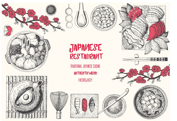 رستوران غذای ژاپنی پوستر غذای آسیایی با ساسیمی سوپ مااسو عدن ناتو و سوشی تصویر برداری از قاب تصویر بالا قالب تزئینی غذا ژاپنی