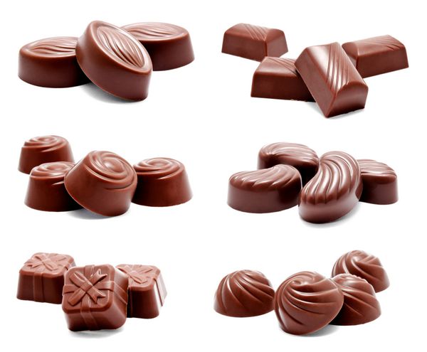 مجموعه ای از عکس مجموعه ای از شیرینی شکلات شکلات جدا شده بر روی زمینه سفید