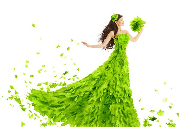 لباس زنانه سبز فانتزی زیبایی آرایشی گل گل مفهوم فصل بهار و تابستان مد بیش از پس زمینه سفید