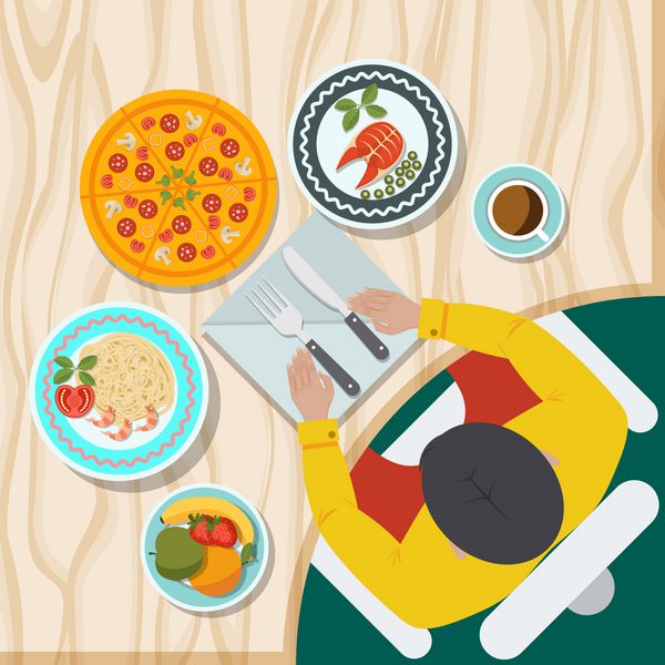جدول با نمایش غذا از بالا تصاویر بردار سبک براق