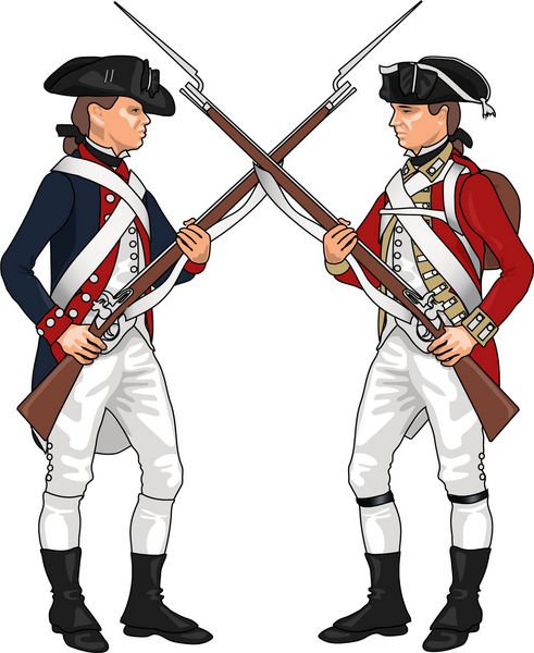 سربازان آمریکایی و انگلیسی از جنگ انقلاب ایالات متحده هر یک از سلاح های دیگر تصویر جدا شده در پس زمینه سفید EPS 10 بردار