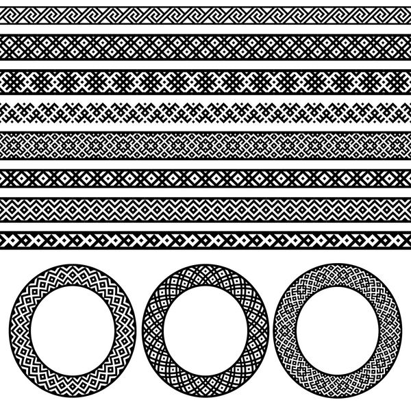 مرزهای قومی و فریم های دور مجموعه ای مجموعه الگوهای عناصر تزئینی در رنگ های سیاه و سفید تصویر برداری