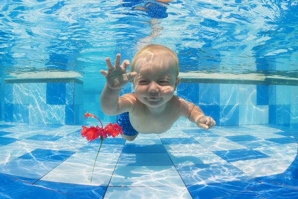 لبخند زدن بچه پسر غواصی زیر آب با سرگرم کننده برای گل قرمز در استخر آبی زندگی فعال درس شنا کودکان با پدر و مادر و فعالیت های ورزشی آب در طول تعطیلات تابستانی خانواده در استراحتگاه استراحت