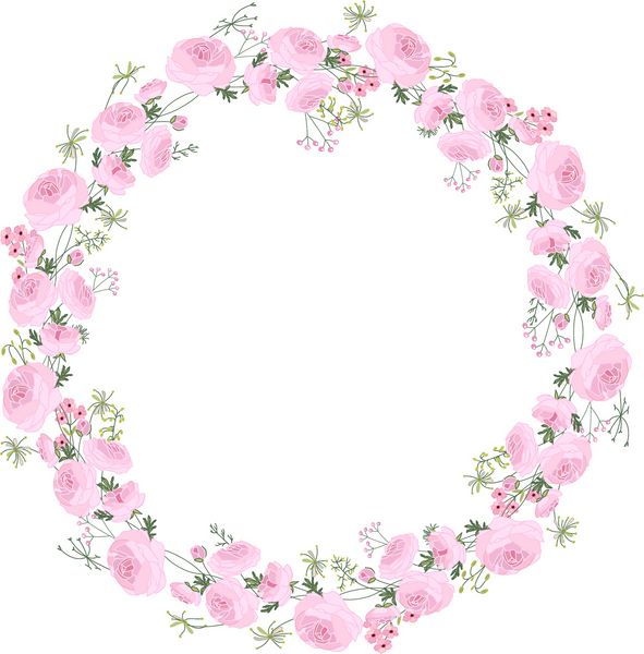 گردن تزئینی گرد با رانونکلوس گیاهان و گل های سبک گلدان جدا شده بر روی سفید قاب گرد برای طراحی شما کارت تبریک اطلاعیه های عروسی پوستر
