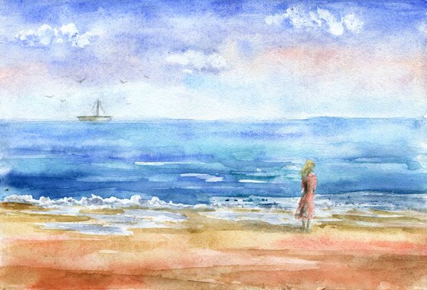 تصویر آبرنگ دست کشیده شده از یک دختر زیبا تماشای یک قایق در فاصله منظره دریایی آزاد